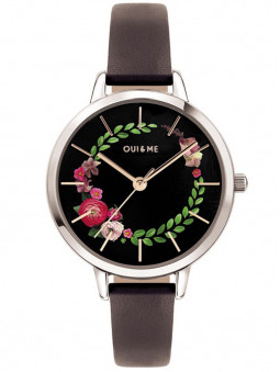Montre fleurie, Oui and Me, ME010033. Bracelet en cuir noir. Cadran original, poétique.