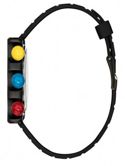 Montre LIP 670080 vue de profile avec son bracelet en silicone noir et ses trois jolis boutons poussoirs colorés