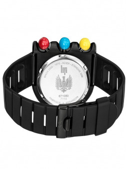 Large bracelet de montre homme LIP 670080 en silicone noir design noir et boutons poussoirs contrastants colorés