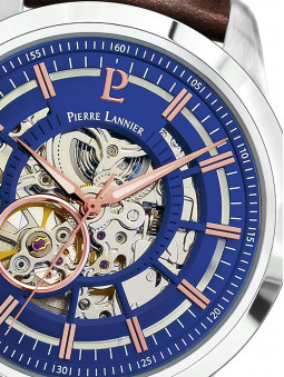 Cadran bleu de montre homme squelette mécanisme interne apparent de marque Pierre Lannier