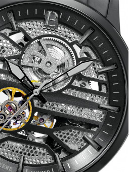 Cadran de montre squelette Pierre Lannier au mécanisme apparent et fond nid d'abeilles gris foncé