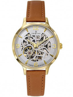Montre femme Certus 646591 de style authentique avec son bracelet en cuir brun camel et son cadran doré jaune