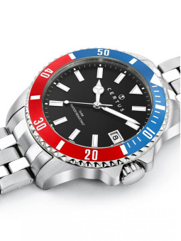 Cadran de montre homme coloris noir avec une lunette partiellement chiffrée bleu et rouge et de larges index