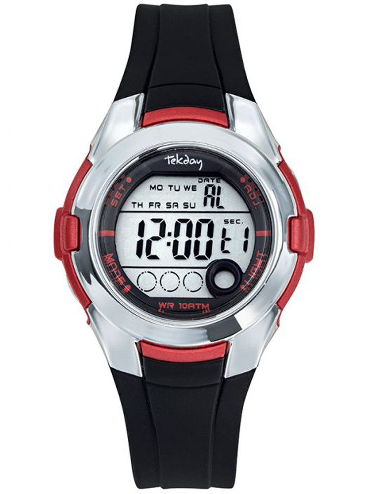 Montre multifonctions, mixte pour fille ou garçon, Junior, Ado, allure sportive, noire rouge argentée, Tekday 654734