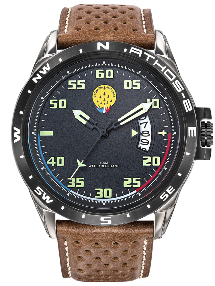 Montre aviateur Patrouille de France Athos 2 bracelet cuir brun 668105 large cadran noir