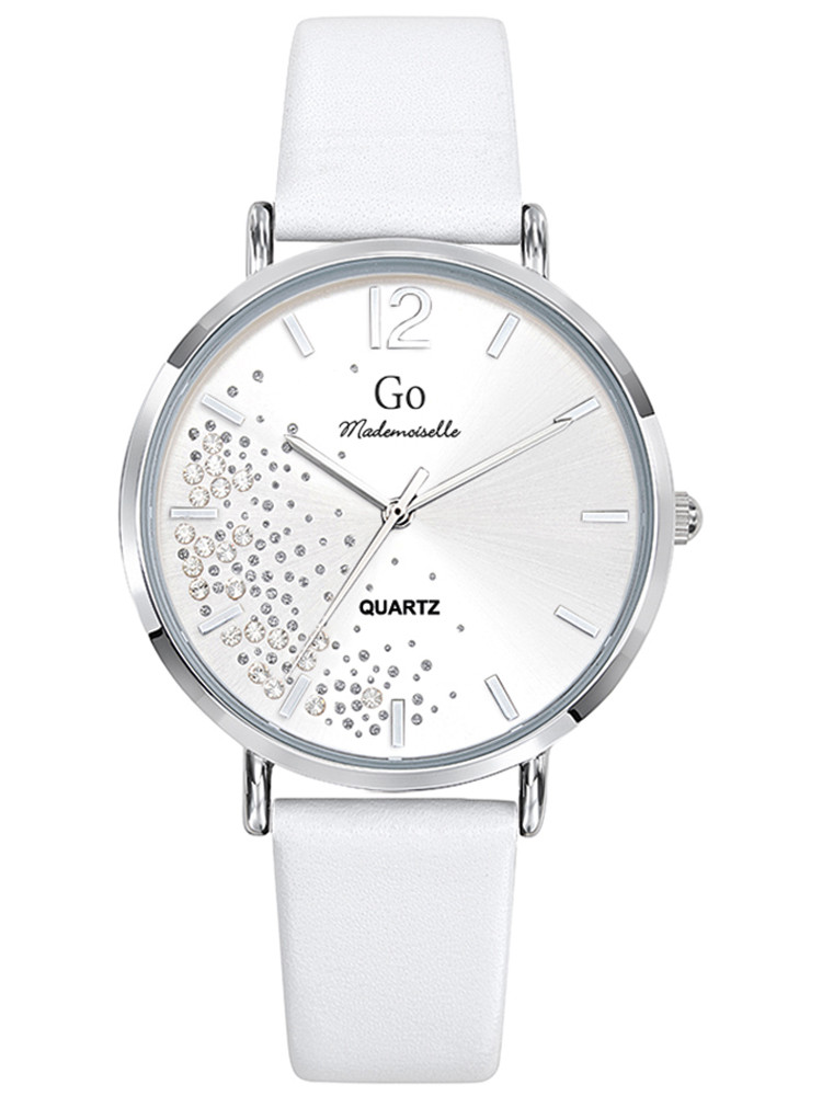 Irrésistible montre Festive pour femme avec son bracelet en cuir blanc et son boîtier argenté brillant. Style raffiné !