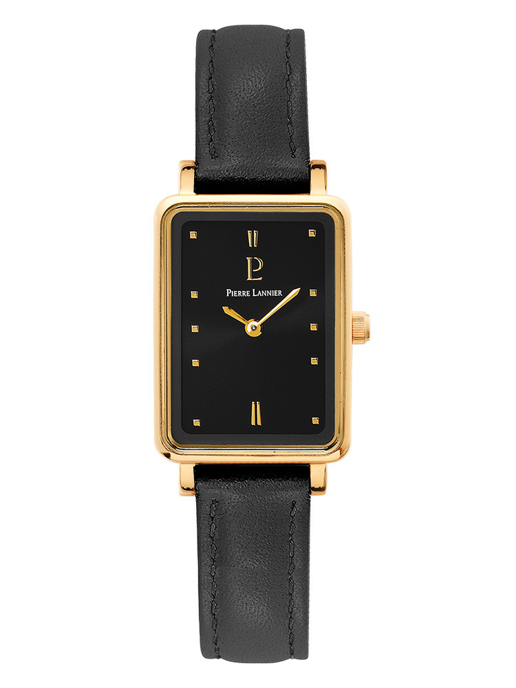 Montre femme Pierre Lannier acier boitier rectangle et cuir noir