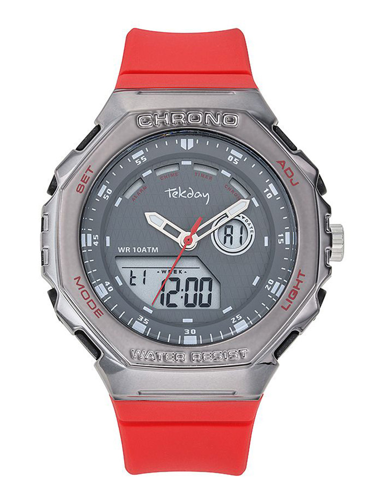 montre double affichage hexagonale rouge