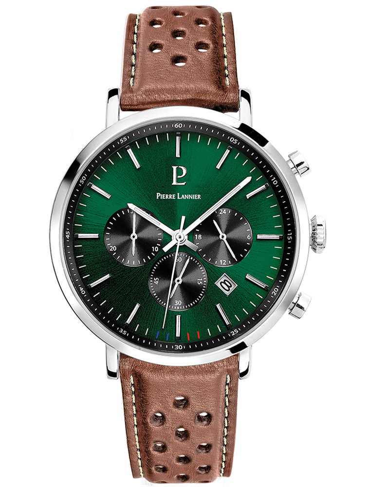 Montre chronographe cuir marron Pierre Lannier cadran vert