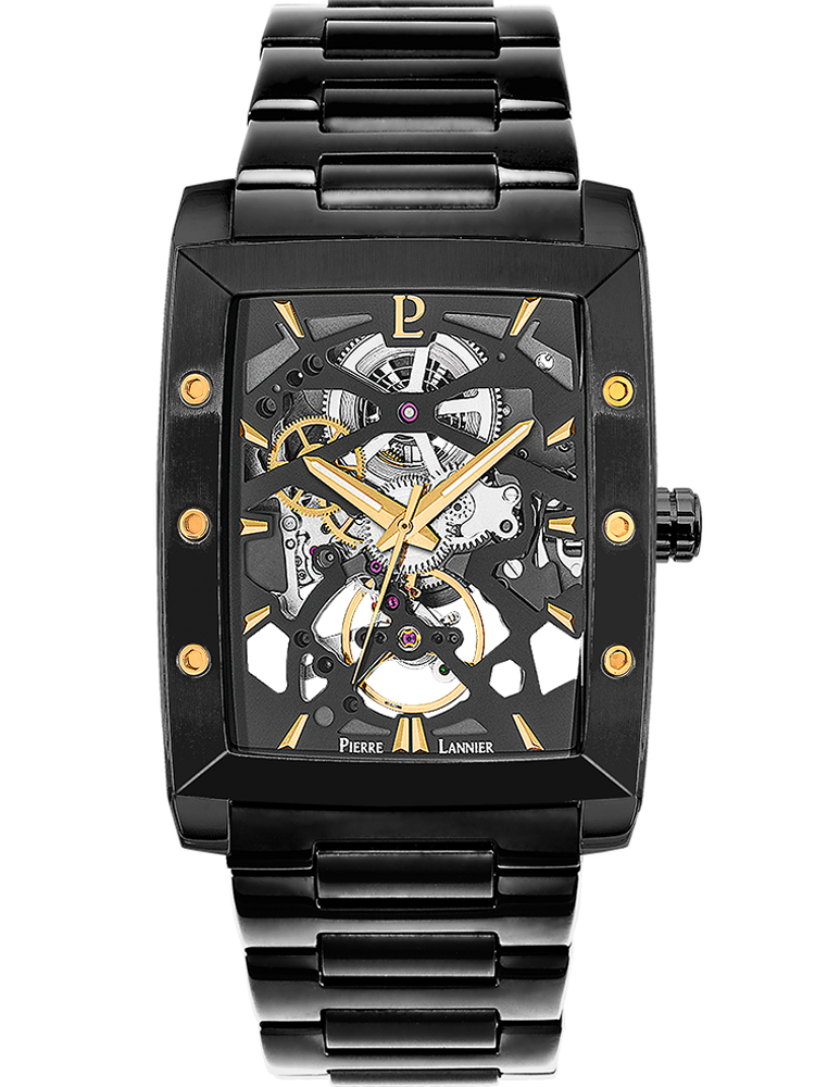 Montre rectangulaire homme Pierre Lannier automatique acier noir