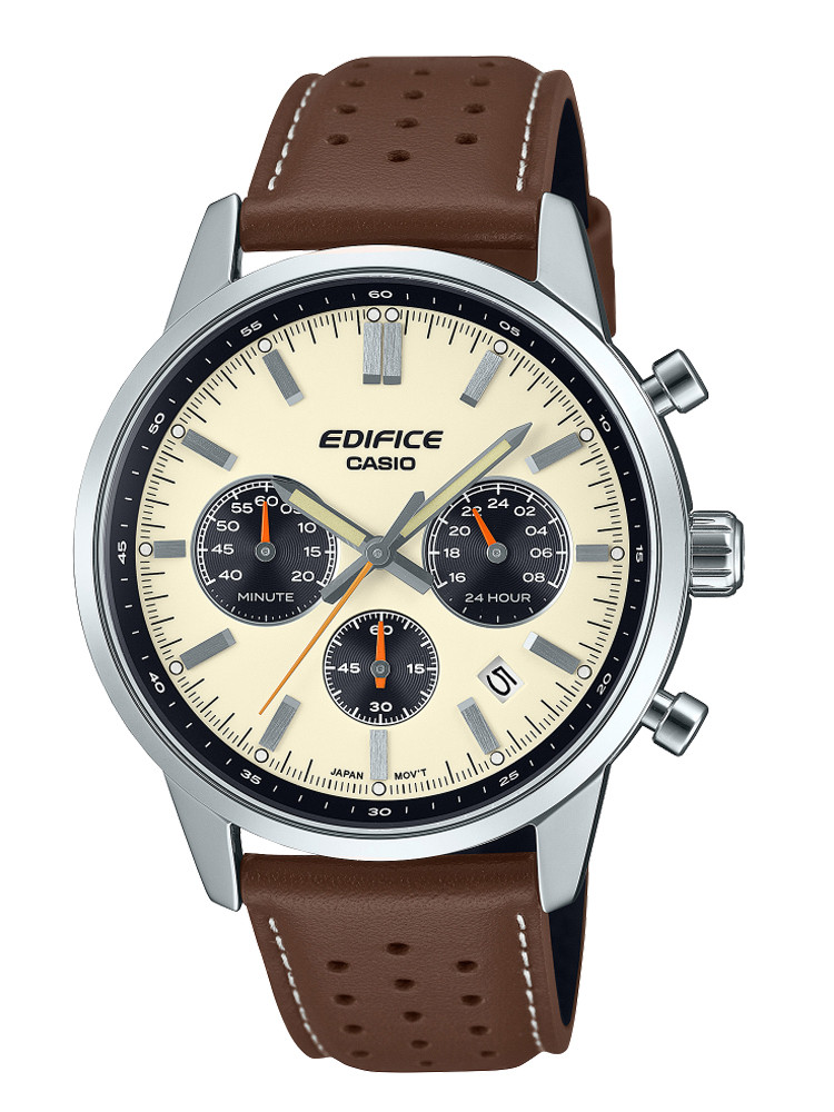 Chronographe Homme Casio Edifice cuir marron - Style vintage et sportif avec cadran crème