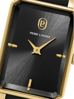 Montre dorée femme Pierre Lannier rectangulaire 006L533 - Style vintage cadran et bracelet noir - vue raprochée