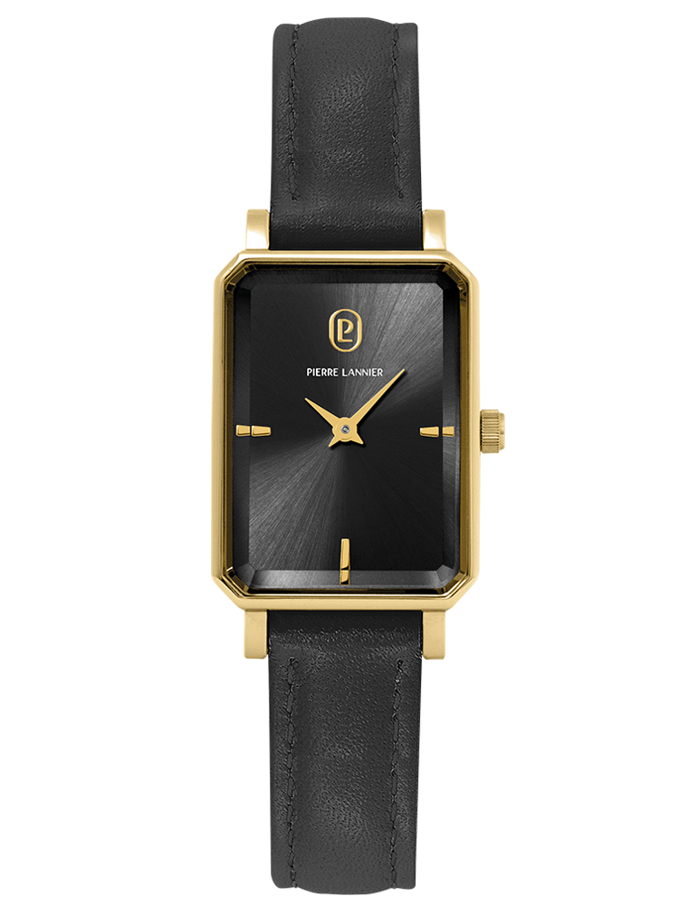 Montre dorée femme Pierre Lannier rectangulaire 006L533 - Style vintage cadran et bracelet noir - vue de face
