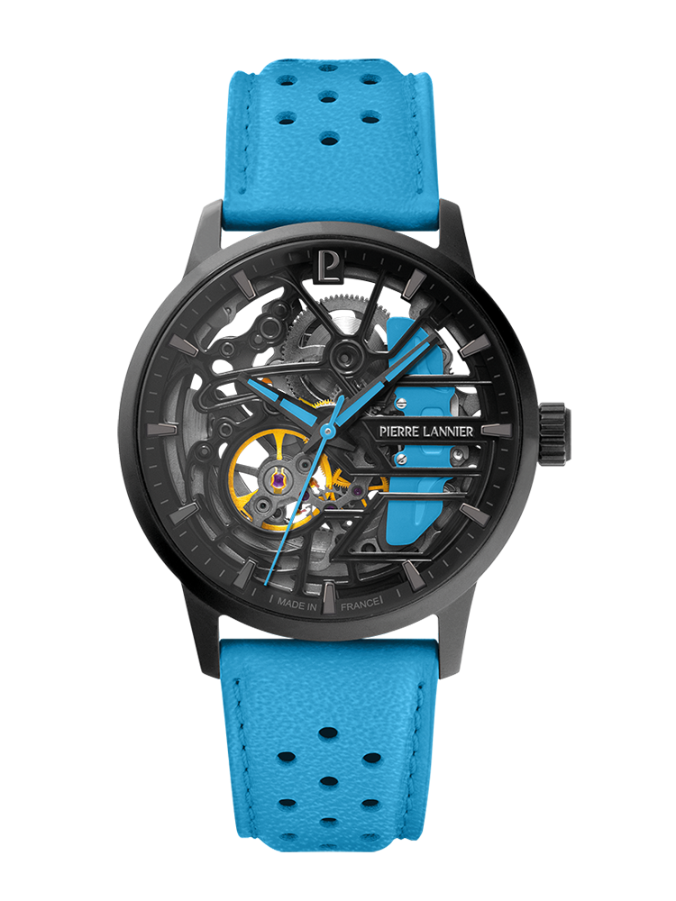 Montre automatique Pierre Lannier Paddock bleue clair 145G866 - Style sport automobile - vue de face