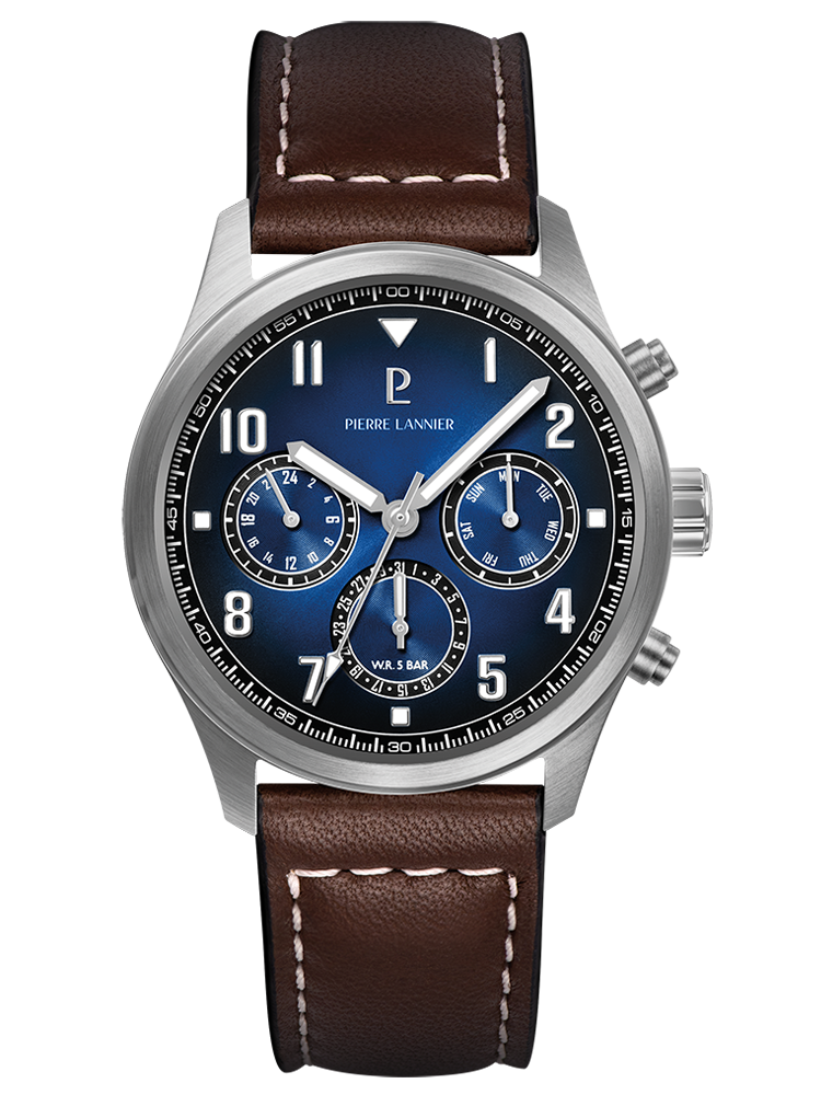 Montre homme aviateur multifonctions Pierre Lannier bracelet cuir 257H164 - Style aviateur