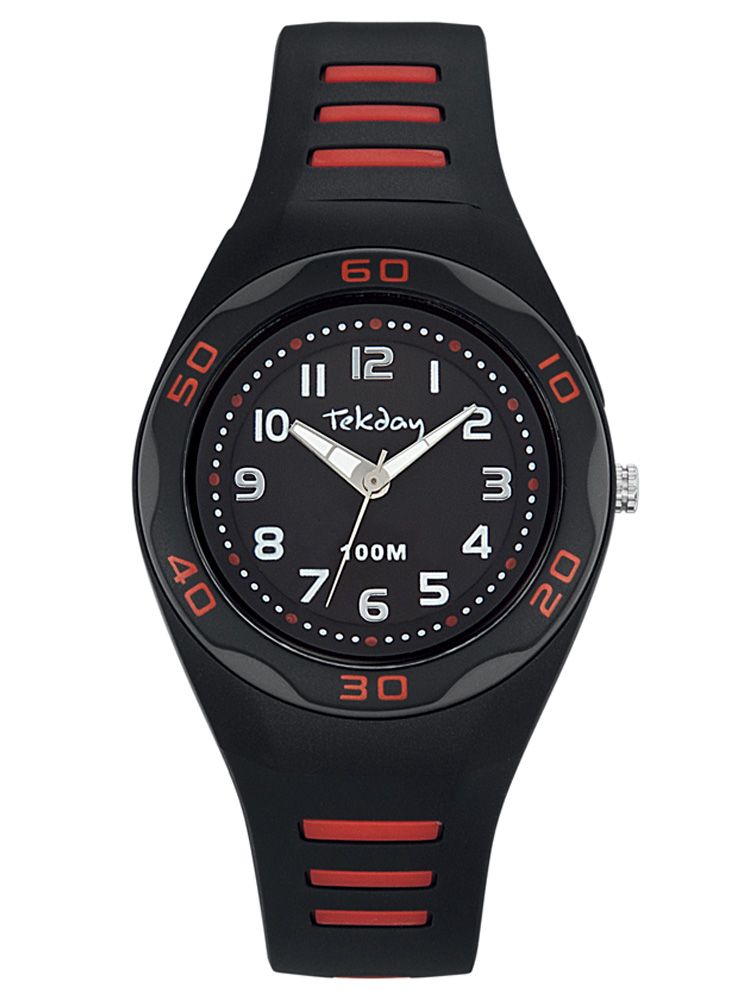 montre enfant, montre tekday, montre sport, montre plastique rouge et noir, code article 653490